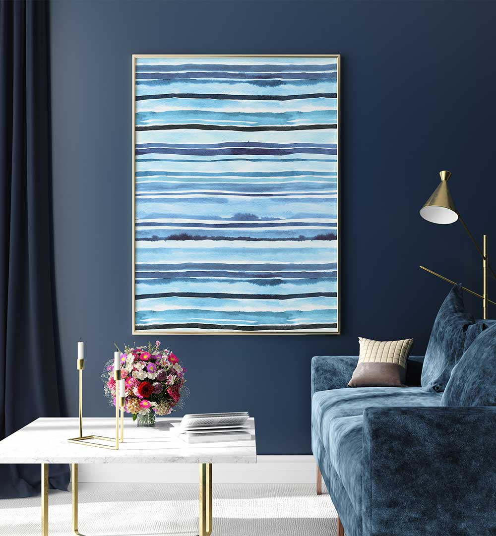 SUMMER WATERCOLOUR STRIPES BLUE SEA , ABSTRACT PAINTINGS