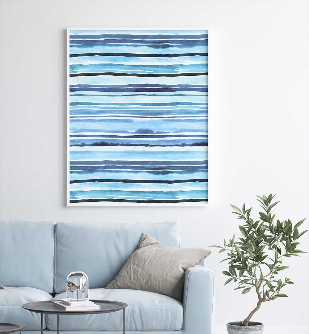 SUMMER WATERCOLOUR STRIPES BLUE SEA , ABSTRACT PAINTINGS
