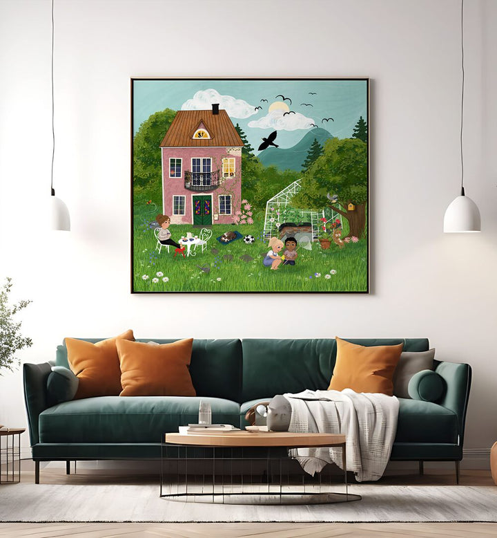 Whimsical scene of children playing in a garden, featured in SUMMERDAY IN THE GARDEN, KIDS ROOM PAINTINGS.
