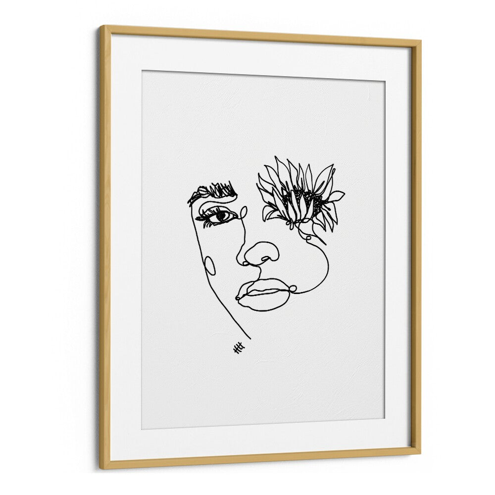 Sun In My Eyes Line Art Artwork in Oak Wood Frame With Mount