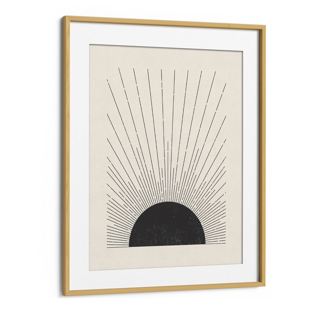 Sunburst Monochrome boho wall art painting in Oak Wood Frame With Mount