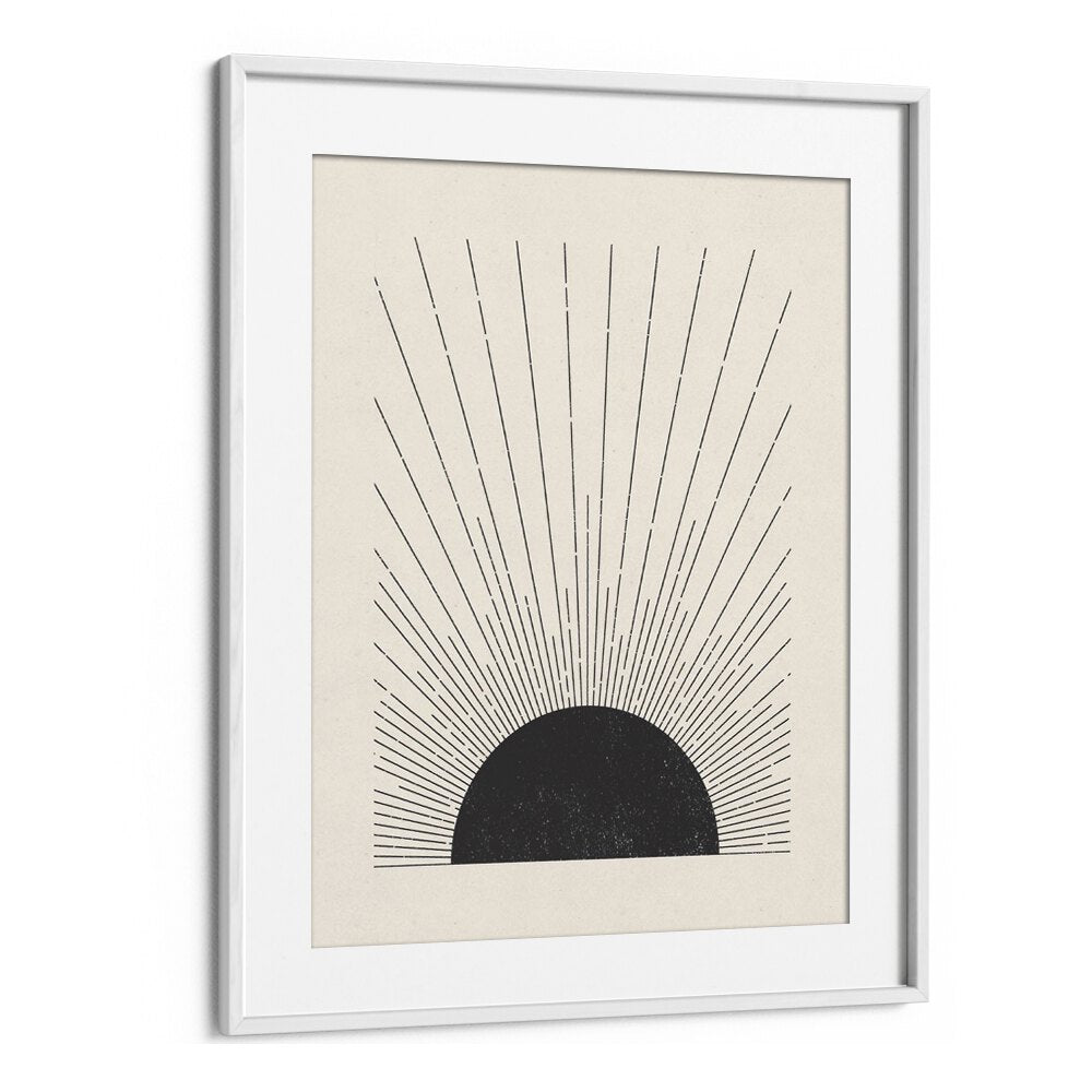 Sunburst Monochrome boho wall art painting Artwork in White frame With Mount