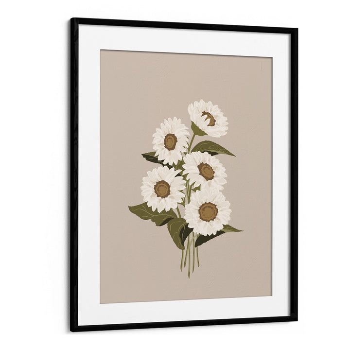 Sunflower Bouquet Botanical Flower Paintings Artwork  in Black Frame With Mount