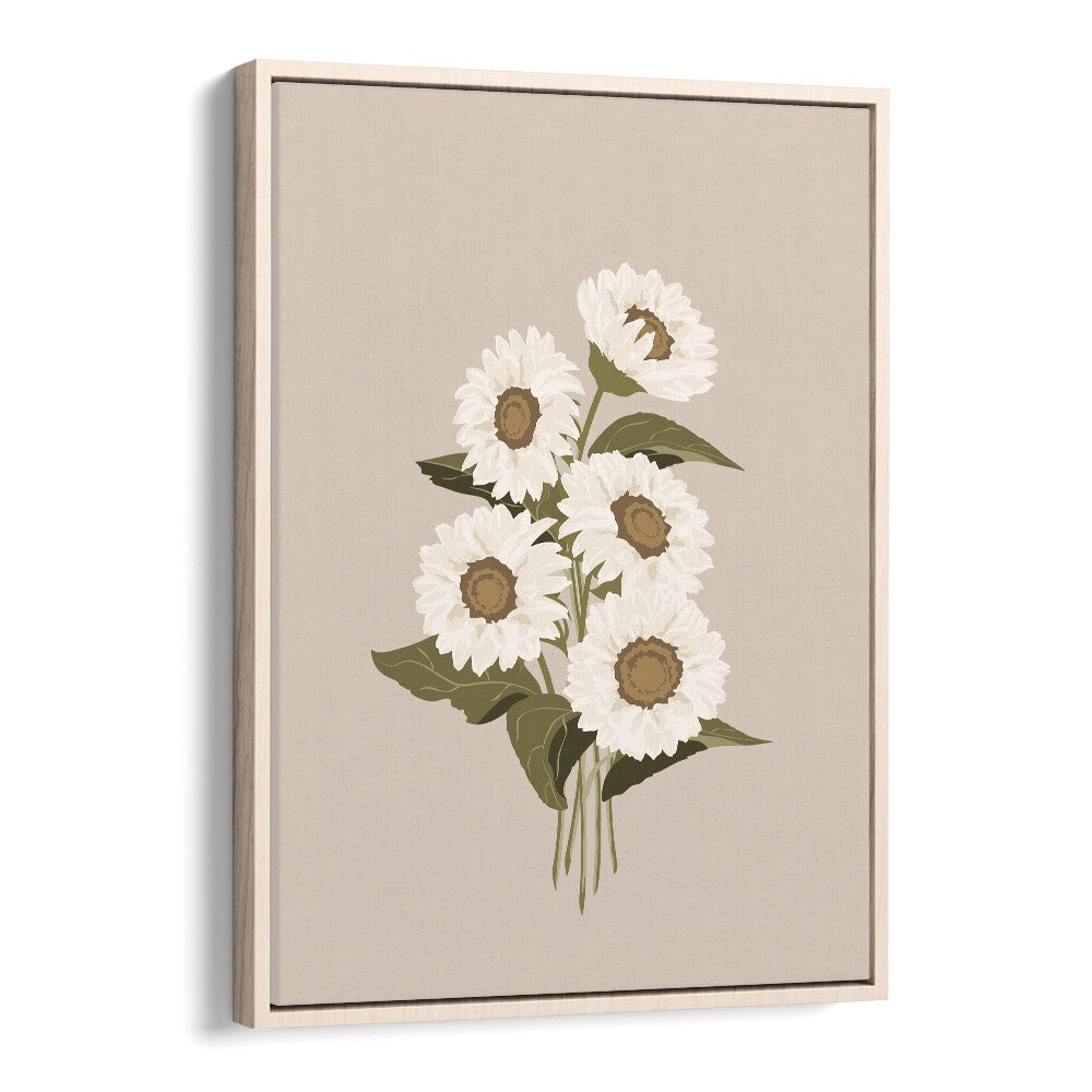 Sunflower Bouquet Botanical Flower Paintings Artwork in Oak Wood Floater Frame