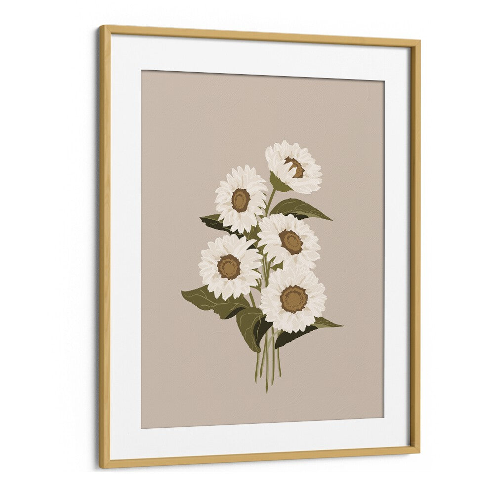 Sunflower Bouquet Botanical Flower Paintings Artwork in Oak Wood Frame With Mount