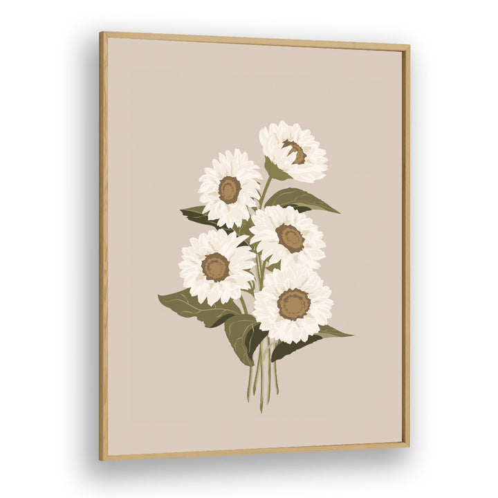 Sunflower Bouquet Botanical Flower Paintings Artwork in Oak Wood Plain Frame