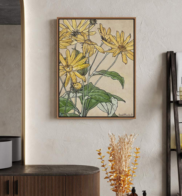 Sunflowers By Hannah Borger  Botanical Flower Paintings Artwork Placed on a wall