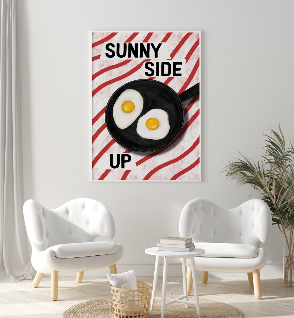 Bright wall art featuring a frying pan with sunny side up eggs, perfect for SUNNY SIDE UP, BAR decor.