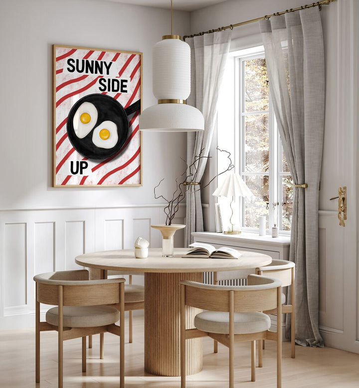 Bright and inviting SUNNY SIDE UP, BAR & CAFE ART featuring a black frying pan with eggs, perfect for kitchen decor.