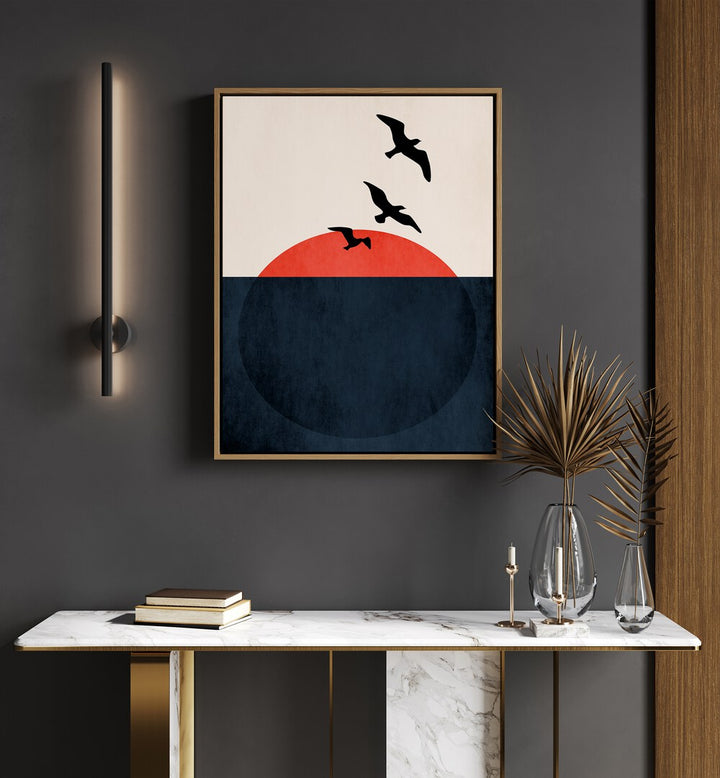 Sunset Breeze Landscape Art Artwork in Oak Wood Floater Frame Placed on a dark grey wall above a white console table 