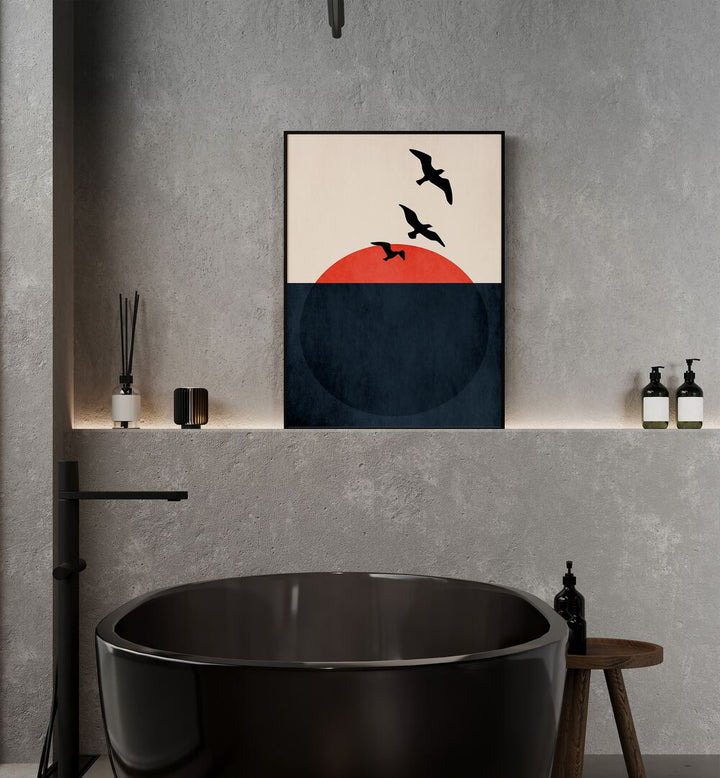 Sunset Breeze Landscape Art Artwork in Black Plain Frame Placed on a Grey Stone Textured Wall near a Black Bathtub in the Bathroom