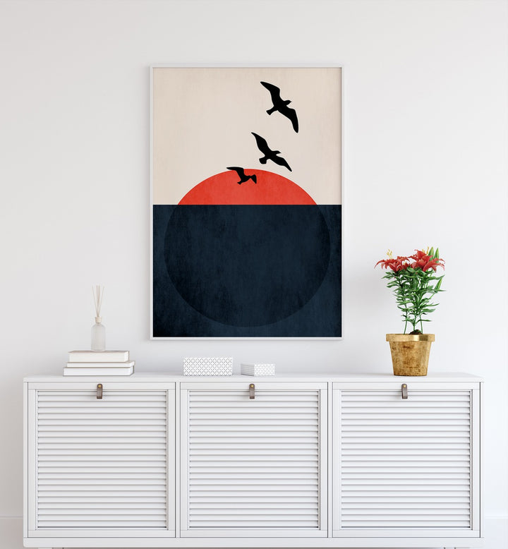 Sunset Breeze Landscape Art Artwork in White Plain Frame Placed on a White Wall above a White Console table or a White Cabinet