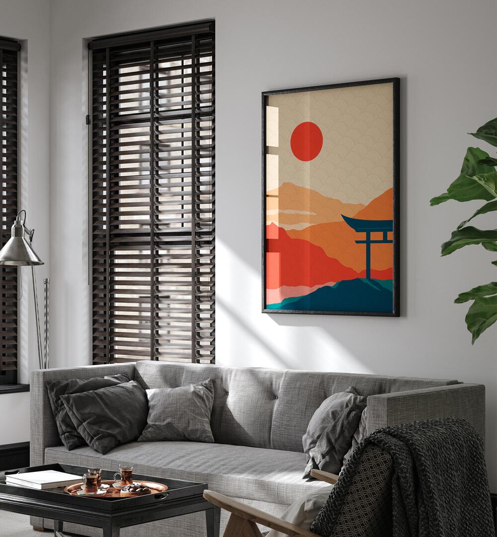 Sunset Delight Landscape Art Artwork in Black Plain Frame Placed on a White Wall behind a Grey Sofa In the Living Room