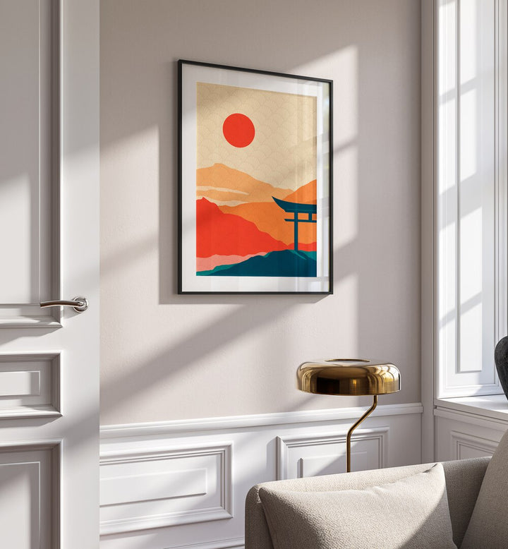 Sunset Delight Landscape Art Artwork in Black Frame With Mount Placed on a Cream Colored all in the Living Room