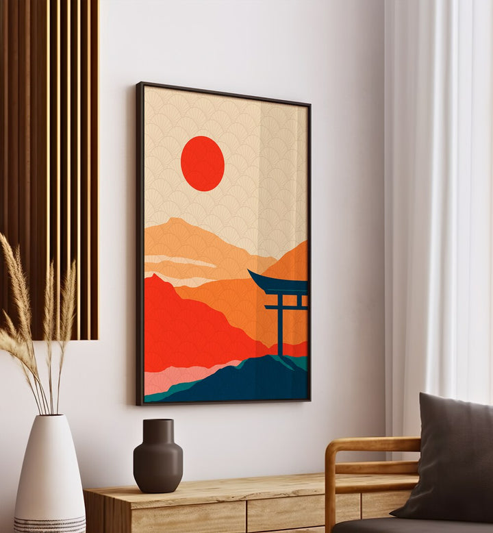 Sunset Delight Landscape Art Artwork in Black Plain Frame Placed on a Cream Coloed Wall above a Wooden Console table in the Living Room