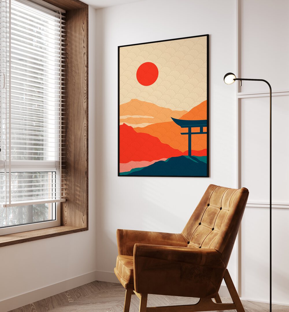 Sunset Delight Landscape Art Artwork in Black Plain Frame Placed on a White Wall in the Drawing Room