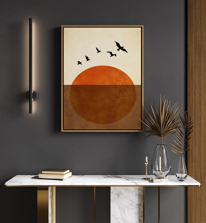 Sunset Dreams Landscape Art Artwork in Oak Wood Floater Frame placed on a Dark Grey Wall above a white console table  