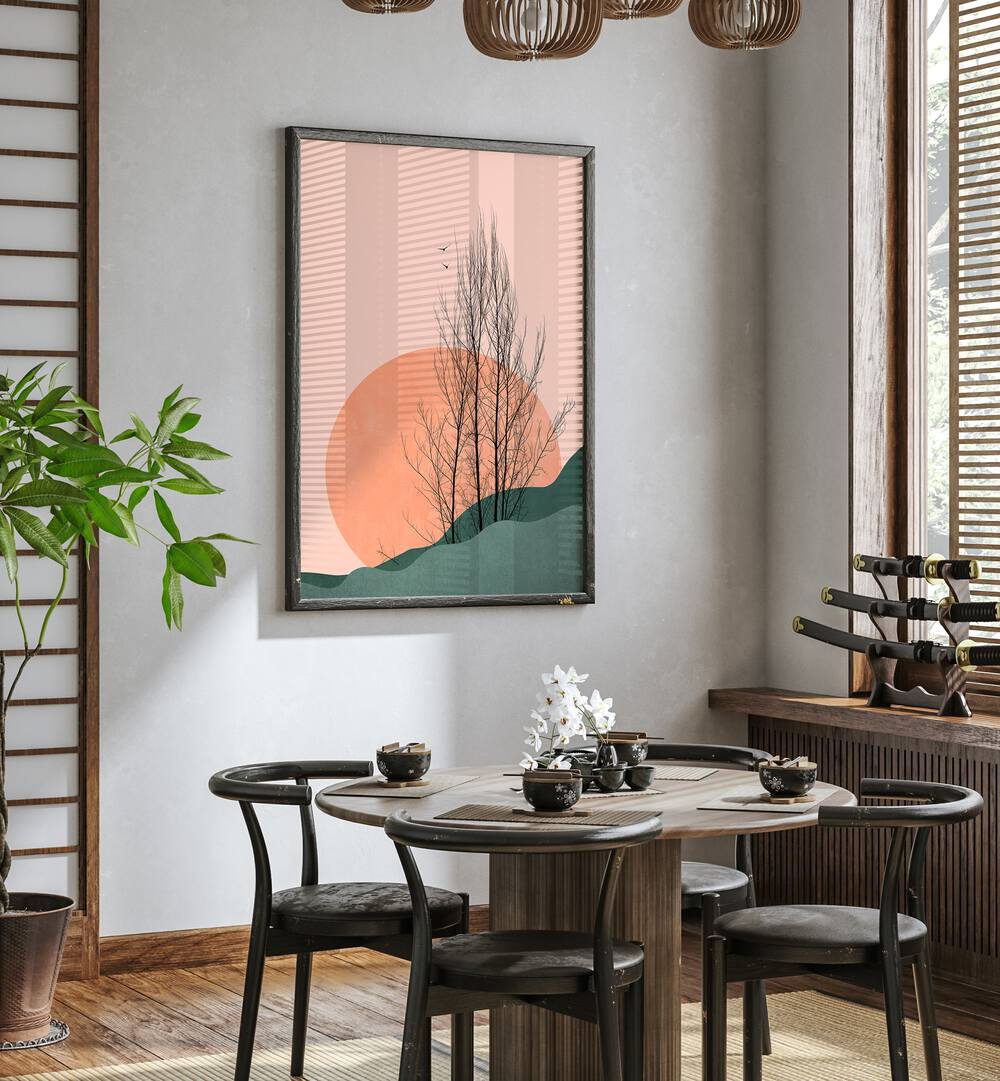 Sunset Memories Landscape Art Artwork in Black Plain Frame placed on a White Wal Near a Wooden Coffee Table in the Dinning Room