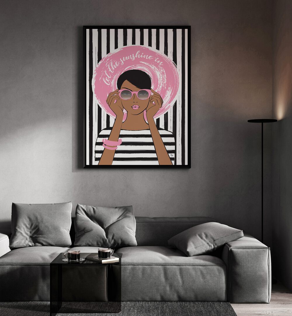 Sunshine Girl Dark by Martina Fashion Art Artwork in Gallery Wrap Artwork Placed on a wall In A Living Room