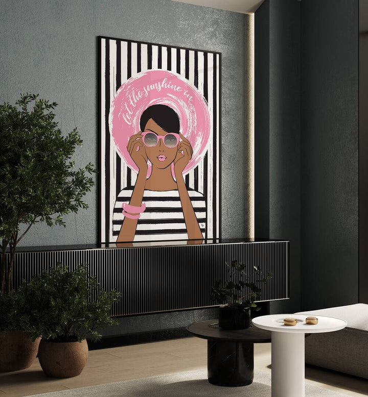 Sunshine Girl Dark by Martina Fashion Art Artwork in Gallery Wrap Artwork Placed on a wall In A Living Room 
