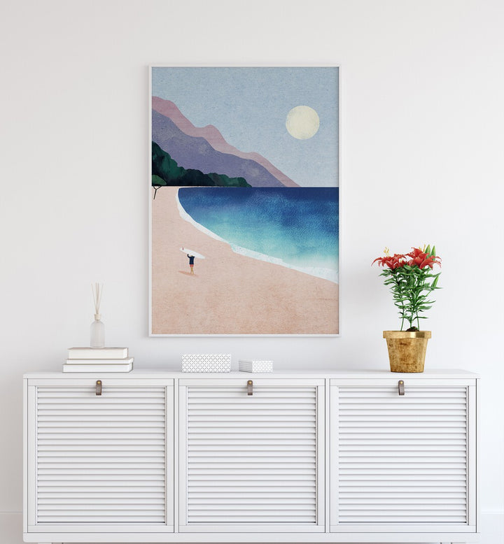 Surf beach Landscape Art Artwork in White Plain Frame placed on a White Wall above a White Cabinet / Console Table