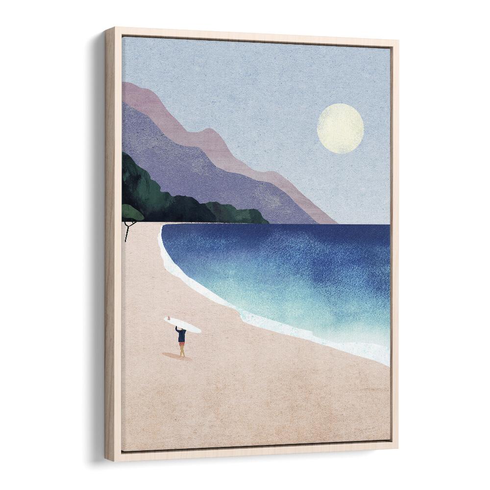 Surf beach Landscape Art Artwork in Oak Wood Floater Frame