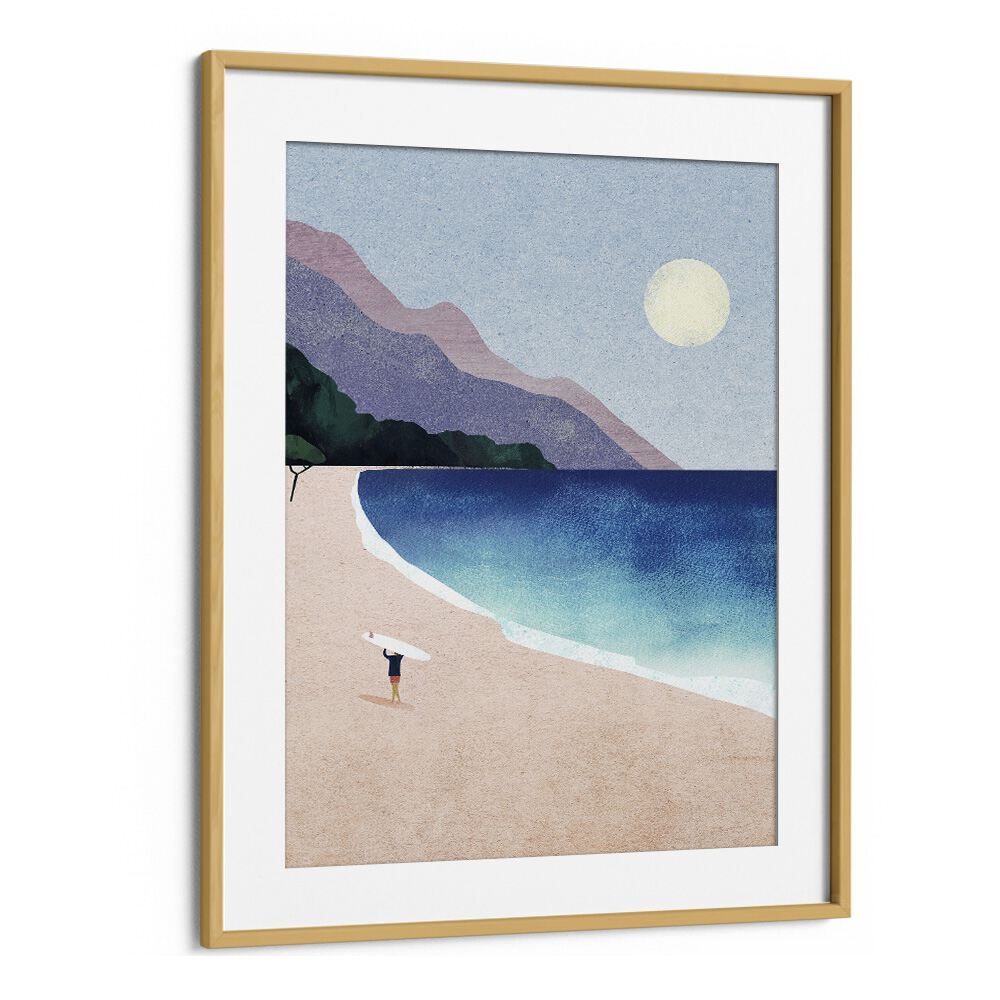 Surf beach Landscape Art Artwork in Oak Wood Frame With Mount