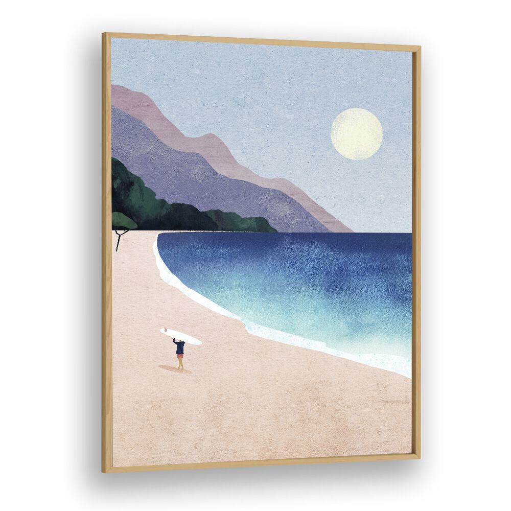 Surf beach Landscape Art Artwork in Oak Wood Plain Frame