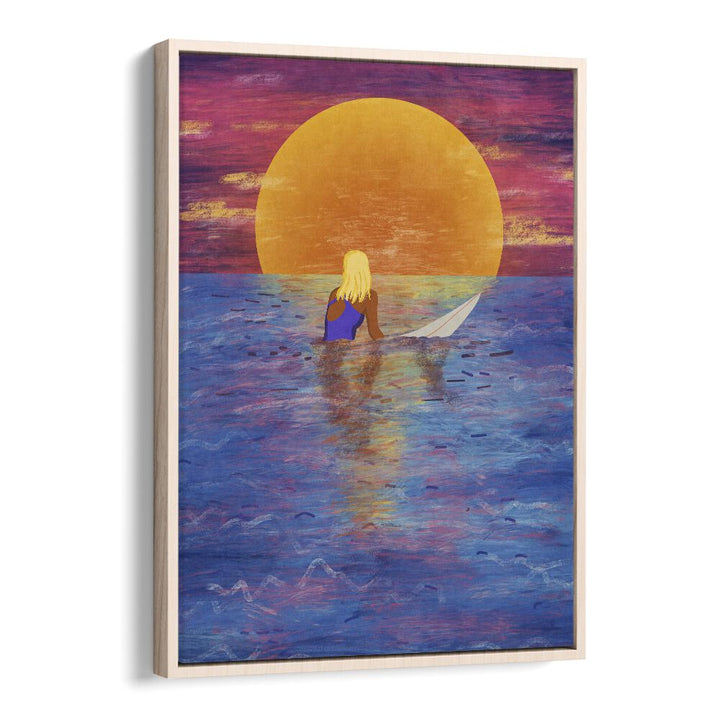 Surfer Girl Sports Art Artwork in Oak Wood Floater Frame