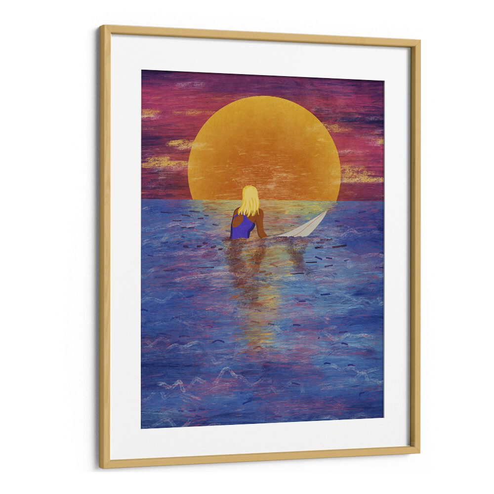 Surfer Girl Sports Art Artwork in Oak Wood Frame With Mount