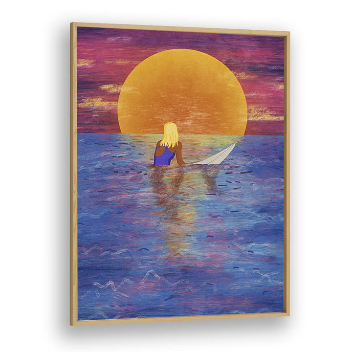 Surfer Girl Sports Art Artwork in Oak Wood Plain Frame