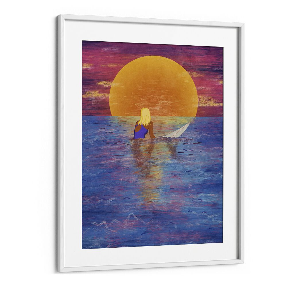 Surfer Girl Sports Art Artwork in White Frame With Mount