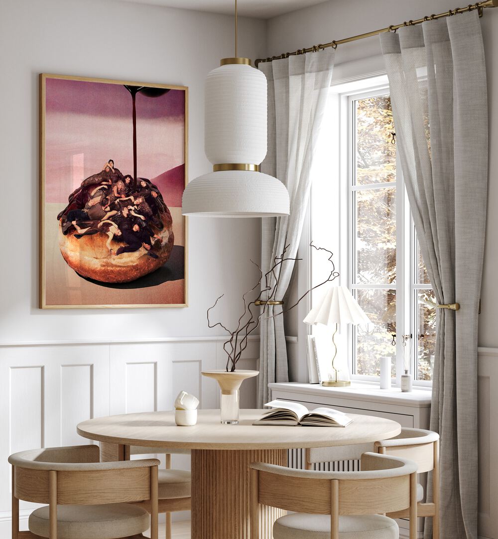 Surreal Decadent Donut Surreal Art Painting Artwork in plain oakwood frame behind a dining table for dining area