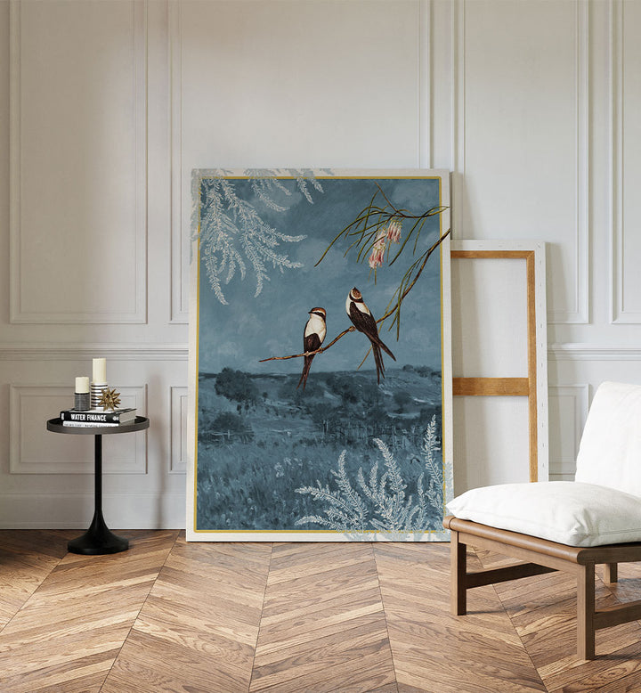 SWALLOWS IN BLUE LANDSCAPE