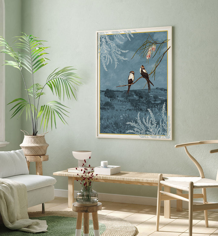 SWALLOWS IN BLUE LANDSCAPE