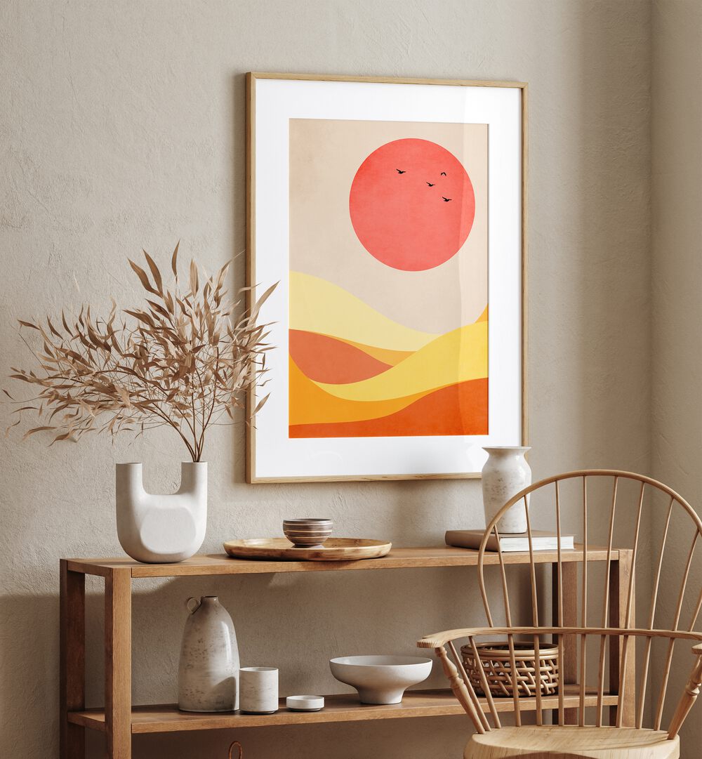 Sweet Harmony Landscape Art Artwork in Oak Wood Frame With Mount Placed on a beige colored wall Above a Wooden Shelf in the dinning room