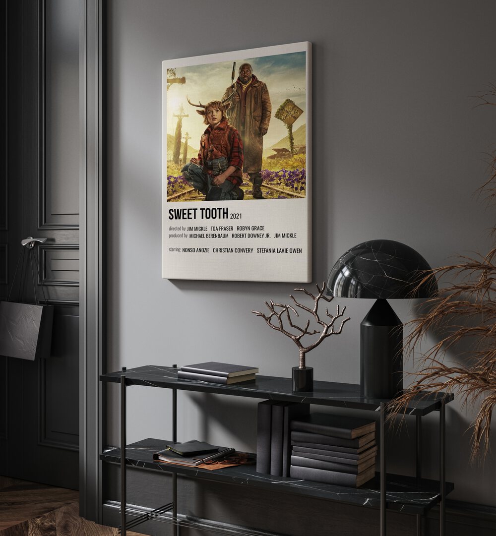 SWEET TOOTH 2021 MOVIE POSTERS in Gallery Wrap hanging on wall above console table beside door