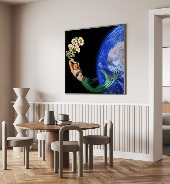 Surreal art print titled "SWIMMING AWAY", featuring a mermaid amidst flowers and Earth, perfect for unique decor.
