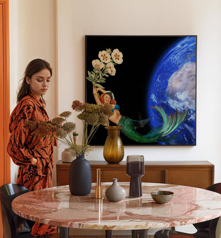 Surreal art prints titled "SWIMMING AWAY," showcasing vibrant colors and whimsical themes for your decor.