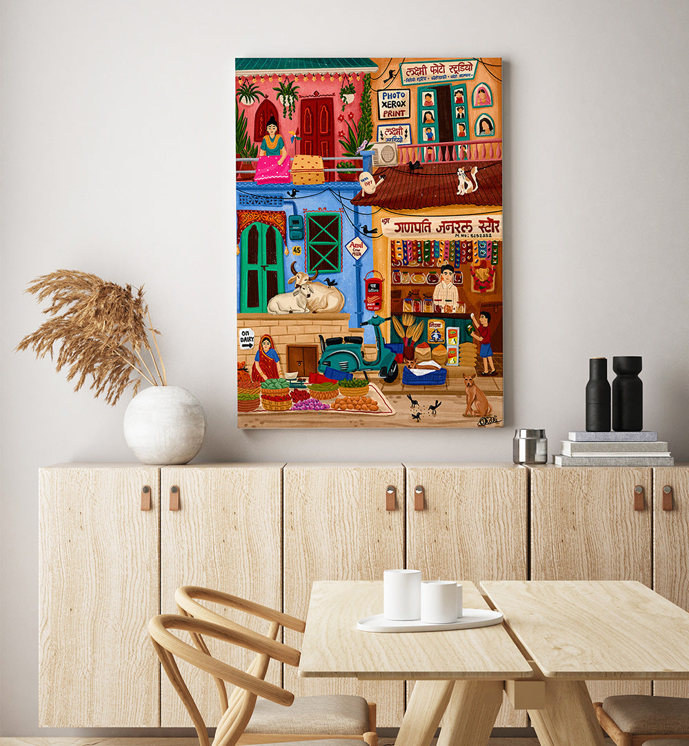 SABJI MARKET AND KIRANA STORE , INDIAN ART PAINTINGS