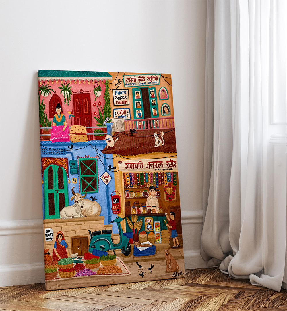 SABJI MARKET AND KIRANA STORE , INDIAN ART PAINTINGS