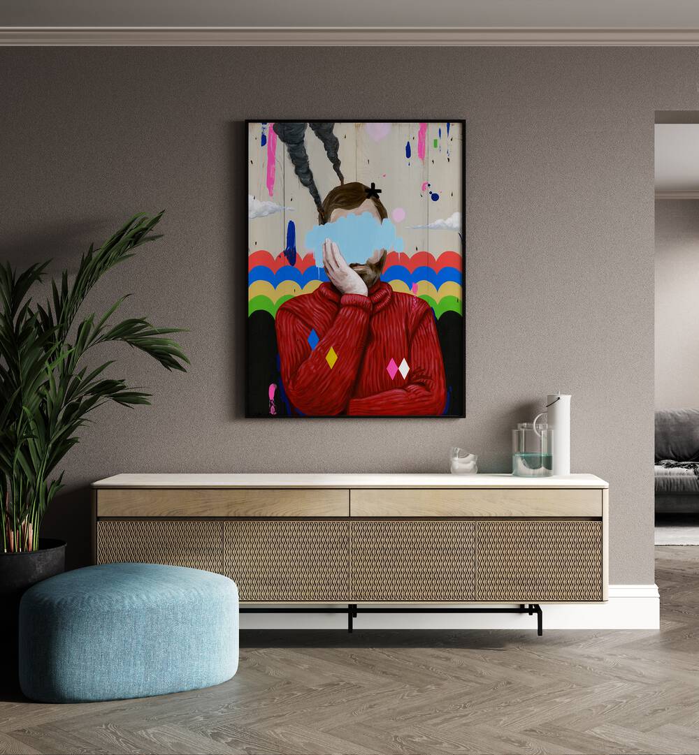 Sad by Famous When Dead Pop Art Paintings Pop Art Prints in Black Plain Frame placed on a wall behind a console table