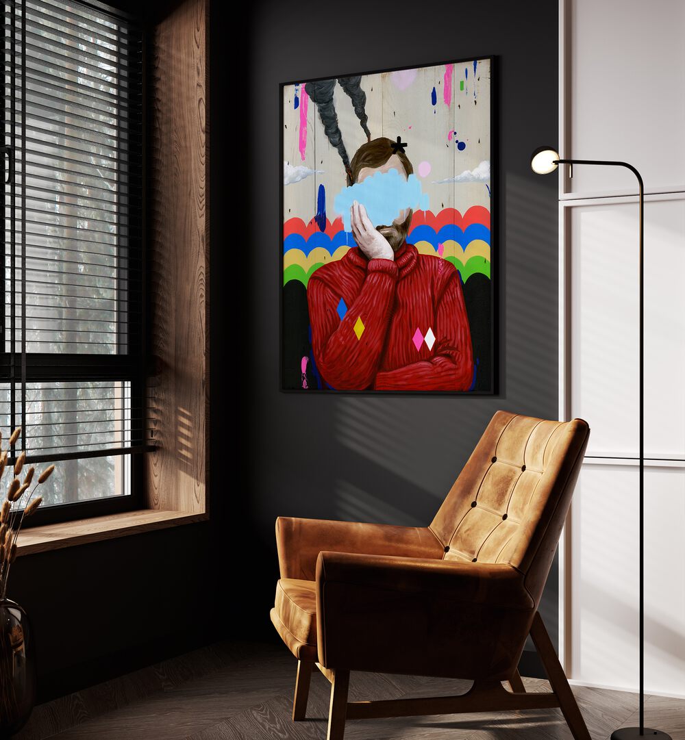 Sad by Famous When Dead Pop Art Paintings Pop Art Prints in Black Plain Frame placed on a wall beside an orange sofa and a window