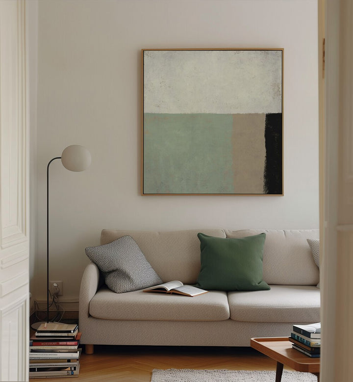 Sage By Dan Hobday Abstract Art Abstract Paintings in Oak Wood Plain Frame placed on a Cream Colored Wall near a Beige Sofa in the Living Room