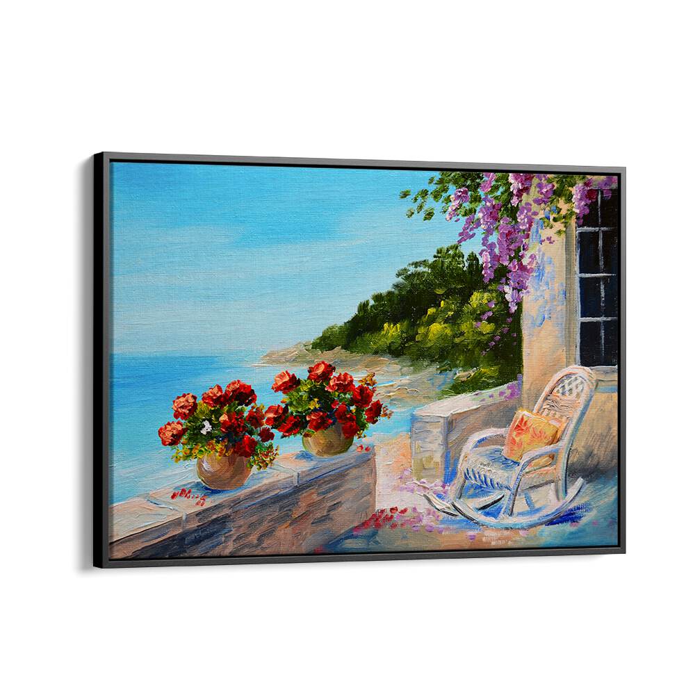 Elegant seaside scene featuring flowers and a chair, showcasing SAILING INTO HISTORY, VINTAGE EUROPEAN PAINTINGS.