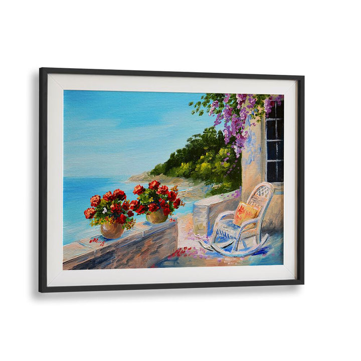 Colorful coastal scene featuring flowers and a rocking chair, ideal for SAILING INTO HISTORY, VINTAGE EUROPEAN PAINTINGS.