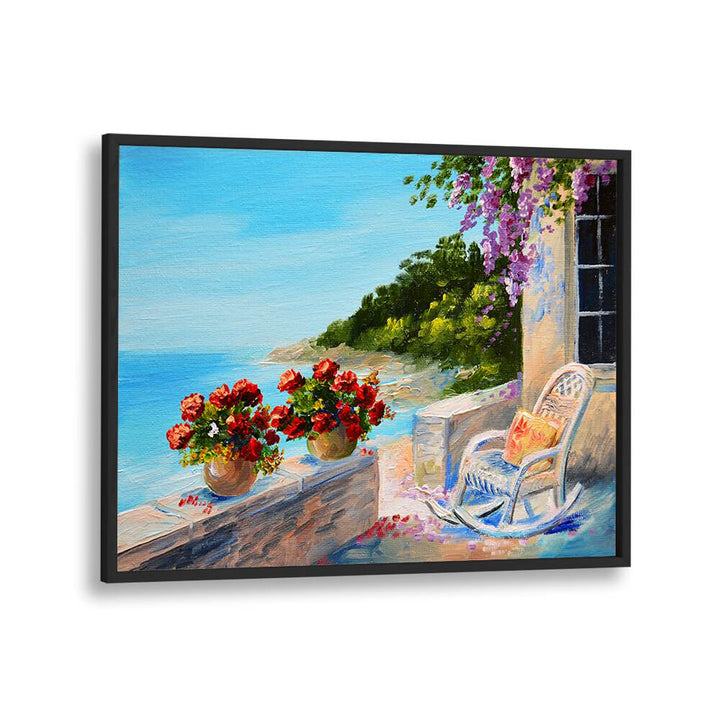 Colorful seaside scene featuring flowers and a rocking chair, embodying SAILING INTO HISTORY, VINTAGE EUROPEAN PAINTINGS.