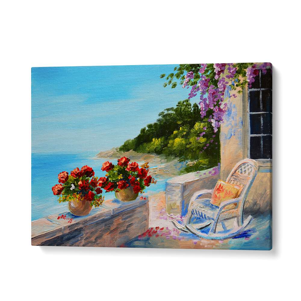 Beautiful coastal scene featuring vibrant flowers, part of our SAILING INTO HISTORY, VINTAGE EUROPEAN PAINTINGS collection.