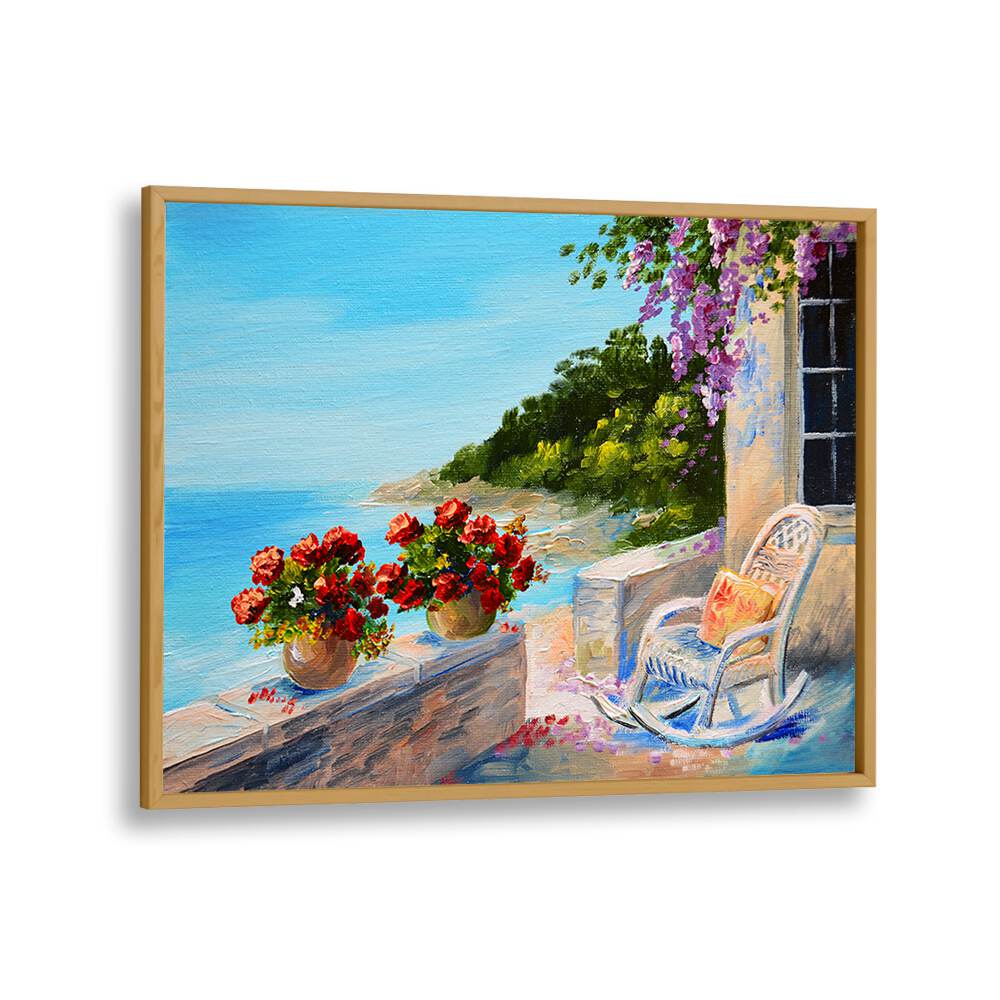 Elegant scene featuring vibrant flowers and a coastal view, part of SAILING INTO HISTORY, VINTAGE EUROPEAN PAINTINGS.