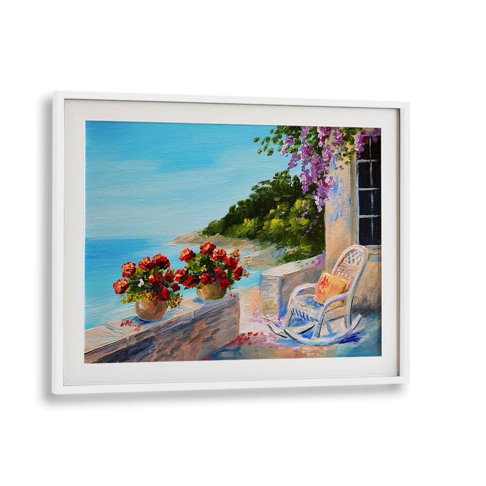 Sailing into history, vintage European paintings showcase serene coastal scenes and vibrant floral accents.